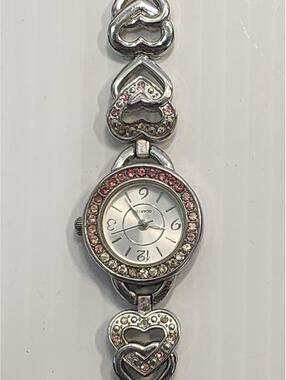 Silver Tone Heart Link Bracelet Watch with Pink and Silver Rhinestones